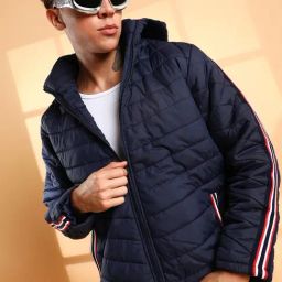 Campus Sutra Blue Regular Fit Quilted Hooded Jacket-image-49