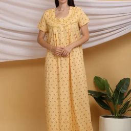 Sweet Dreams Light Yellow Cotton Regular Fit Printed Nighty-picture-43