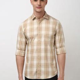Peter England Beige Cotton Slim fit Checks Casual Shirt-picture-7