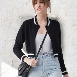 Miss Chase Black V Neck Full Sleeves Loop Knit, Rib Bomber Cropped Jacket-image-21