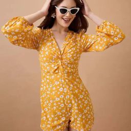 Globus Women Yellow V-Neck Floral Print Twisted Bishop Sleeve Playsuit-15