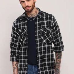 Showoff Black Cotton Regular Fit Checks Shacket-image-81