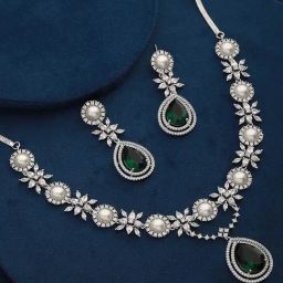 Saraf RS Jewellery Silver Plated Green CZ & Pearl Studded Jewellery Set-image-63