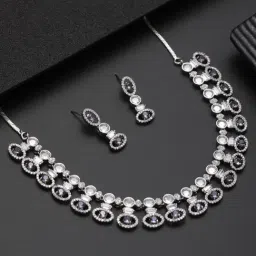 Aatmana Silver-Plated Purple & White American Diamond Studded Necklace Set-image-65