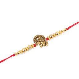 NVR Men Set of 3 Gold Toned Designer Ganesh Ji Thread Rakhi with Roli Chawal Chandan & Mishri image 5