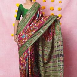 Unnati Silks Pink & Green Silk Printed Saree With Unstitched Blouse-image-45