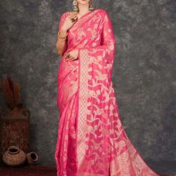 Satrani Pink & Golden Woven Saree With Unstitched Blouse-image-93