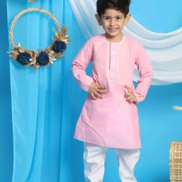VASTRAMAY Boys Pink & White Embroidery Full Sleeves Kurta Sets-image-80