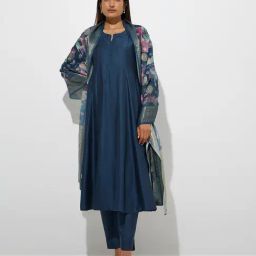Vark by Westside Indigo Floral Detailed A-Line Ethnic Set-image-1