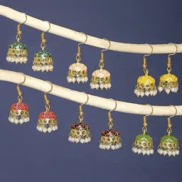Oomph Red, Green, Pink & Yellow Small Ethnic Jhumki Earrings - Set of 6-8