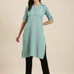 SHOWOFF Turquoise Cotton Regular Fit Kurta-image-81