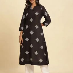 W Black Cotton Embroidered A Line Kurta-image-18