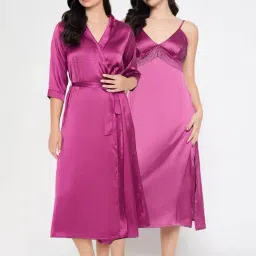Clovia Pink Chic Basic Long Night Dress & Robe - Satin-picture-40
