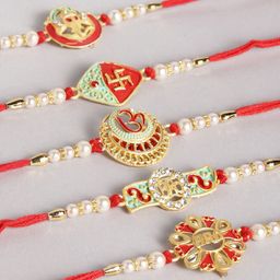 Kord Store Set of 5 Red & Green Multi-Stone Studded Beaded Thread Rakhi image 3