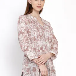 IX IMPRESSION Brown & White Abstract Printed Mandarin Collar Regular Longline Top image 3