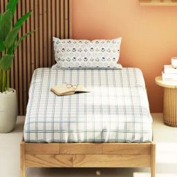 Bianca Bagator Ivory & Blue 152 TC Micro Fabric Single Bedsheet with 1 Pillow Cover-1