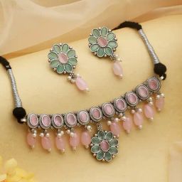 Saraf RS Jewellery Oxidized Green Stone Studded & Pink Pearl Beaded Choker Jewellery Set-5