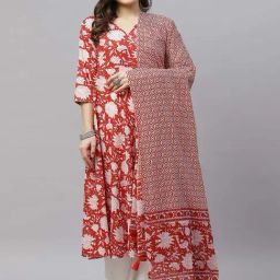 Miravan Red & White Cotton Printed Kurta With Dupatta-picture-13