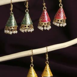Oomph Pink, Green & Yellow Meenakari Enamel Small Ethnic Jhumki Earrings - Set of 3-image-96