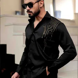 Foomer Men Standard Fit Spread Collar Solid Satin Casual Shirt-image-103