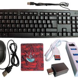 anjo 5 in 1 Combo of Wired Keyboard, Wired Mouse, Anti-Skid Mouse Pad, Type-A 4 Ports USB Hub with Switch & OTG C to A Type image 1