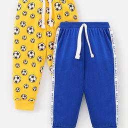 Babyhug Cotton Full Length Lounge Pants Football Print Pack of 2- Navy Blue & Yellow-image-4