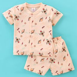 Mini Donuts 100% Cotton Knit Half Sleeves Night Suit Space Print - Light Peach-picture-17