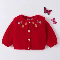 Kookie Kids Full Sleeves Jacket with Floral Embroidery - Red-picture-15