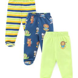 Babyhug Cotton Interlock Knit Footed Bootie Leggings Striped & Bear Print Pack of 3 - Blue & Green-image-49