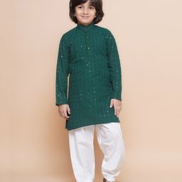 AJ Dezines Full Sleeves Seamless Sequin Embellished Chikankari Embroidered Kurta With Pyjama - Dark Green-image-90