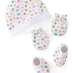 Babyhug 100% Cotton Knit Cap Mittens & Booties With Butterfly Print - White-image-12