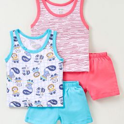 OHMS Single Jersey Sleeveless Night Suit Jungle Safari Theme Pack of 2 - Pink White & Blue-image-63
