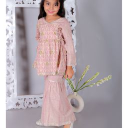 Ka-mee Three Fourth Sleeves Floral Printed & Lace Embellished Kurta With Sharara - Pink-image-49