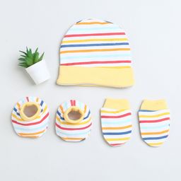 BUMZEE Cotton Striped Cap Mittens & Booties Set - White & Yellow-picture-12