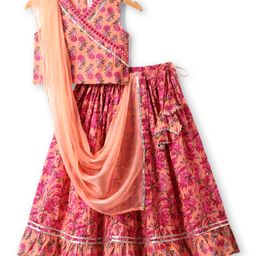 Babyhug Cotton Woven SleevelessFloral Printed Choli Lehenga & Dupatta Set with Lace Detailing - Peach-image-65