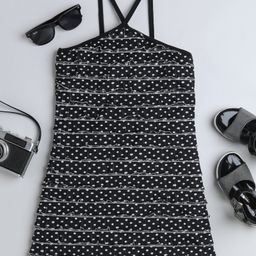 Taffykids Polyester Halter Neck Polka Dots Ruffled A Line Party Dress - Black And White-image-46