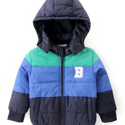 Babyhug Woven Full Sleeves Padded Hooded Jacket With Colour Block Design & Patch Detailing - Navy Blue & Green-image-99