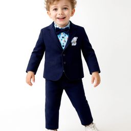 Babyoye 100% Cotton Knit Full Sleeves Printed 3 Piece Party Suit With Bear Embroidery & Bow Applique - Navy Blue-image-85