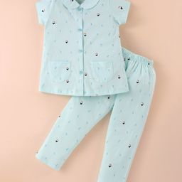 Teddy Sinker Knit Half Sleeves Peter Pan Collar Neck Night Suit with Bird Print - Blue-picture-4