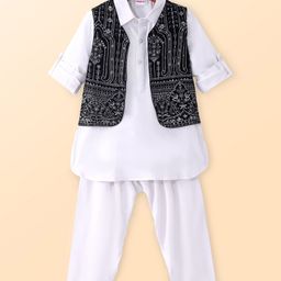 Babyhug Woven Full Sleeves Solid Kurta Pyjama Set with Sequin Embroidered Jacket - White-image-96