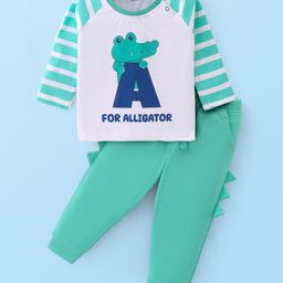 Babyhug Cotton Knit Raglan Sleeves T-Shirt & Lounge Pants Set With Alligator Print - White & Green-image-17