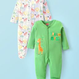 Babyhug Cotton Knit Full Sleeves Footed Sleep Suits with Animal Print Pack of 2 - Green & White-picture-24