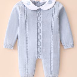 ToffyHouse 100% Cotton Knit Full Sleeves Winter Wear Romper with Floral EmbroideredPeter Pan Collar& Cable Knit Design - Light Grey-picture-10