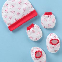 Ben Benny Interlock Cap Mitten Booties Set with Floral Print White & Red - Diameter 10 cm-3