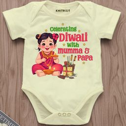 KNITROOT Diwali Theme Half Sleeves Celebrating Diwali With Mumma & Papa Text Printed Onesie - Yellow-picture-3