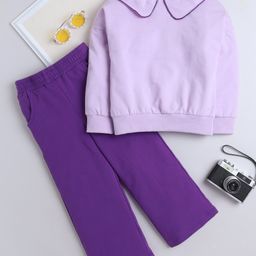 Aww Hunnie CottonTerry Full Sleeves Solid Sweatshirt With Pajama Set - Lavender-image-5