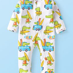 Babyhug Cotton Knit Full Sleeves Footed Sleepsuit with Dino Print - White-image-88