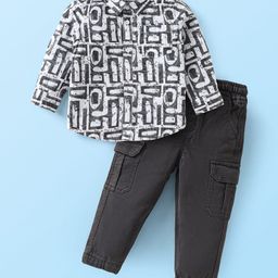 Babyhug Cotton Woven Full Sleeves Printed Shirt & Solid Trouser Set - White & Charcoal Grey-image-3
