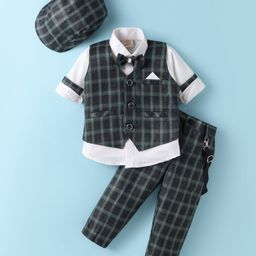 Rikidoos Full Sleeves Solid Shirt With Checked Waistcoat Pant Suspender Cap & Bow Set - Off White & Grey-image-90