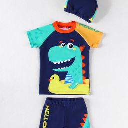 Babyhug Half Raglan Sleeves Two Piece Swimsuit With Dino Print & Swimming Cap - Navy Blue-image-99